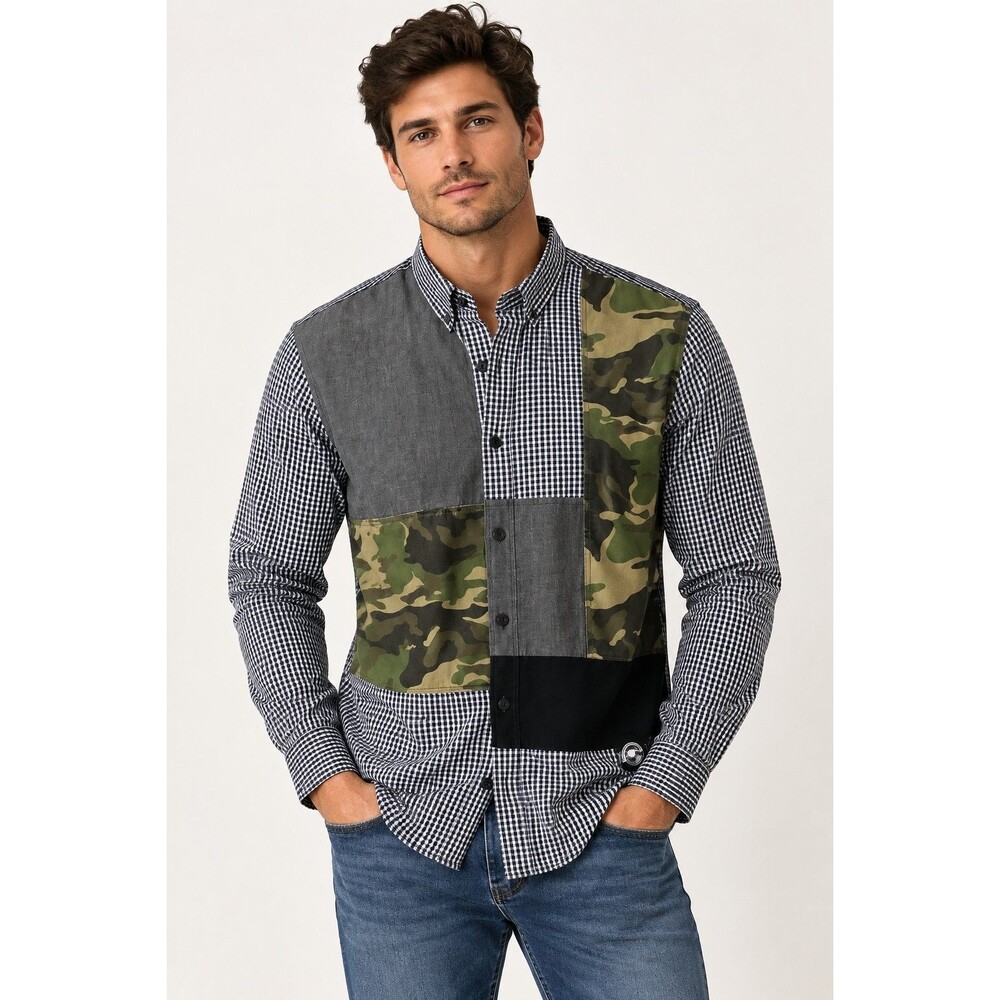 PRPS Men’s Patchwork Camo Plaid Button Down Shirt Size M Military Preppy Retro